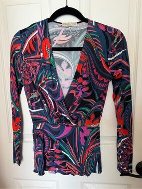 Emilio Pucci navy abstract print long-sleeve wrap front top US 4
